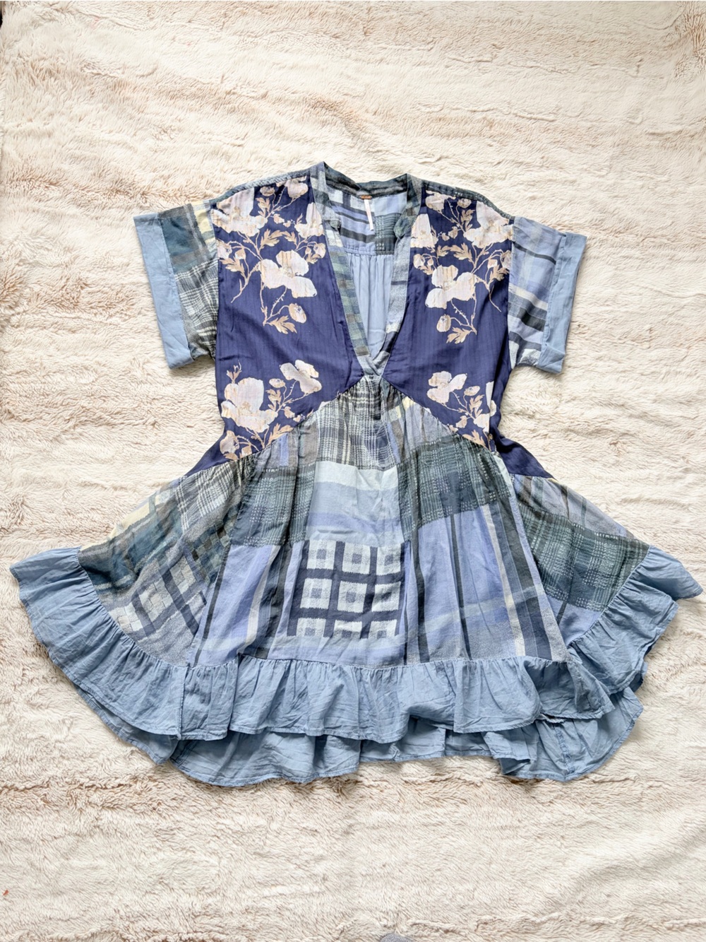 ✨ Free People Agnes Printed Mini Dress XS Oversized Patchwork Boho Fairycore 🧚🏼